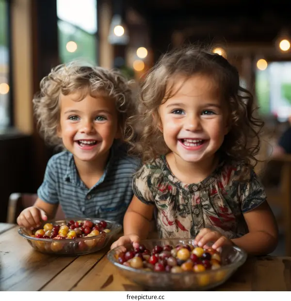 Two happy children eating fruit salad