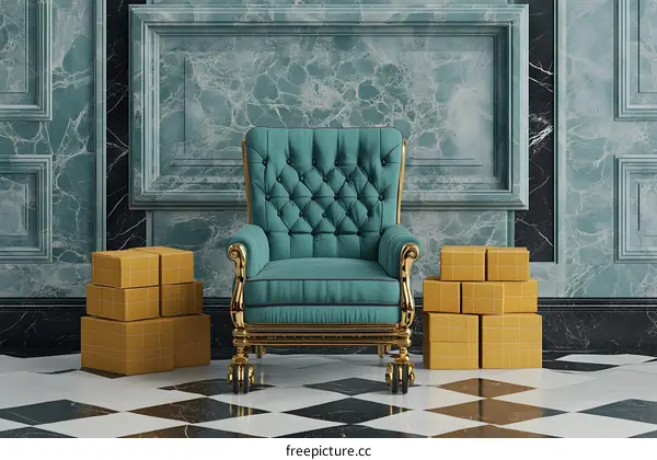 Luxury Armchair in a Marble Room with Boxes
