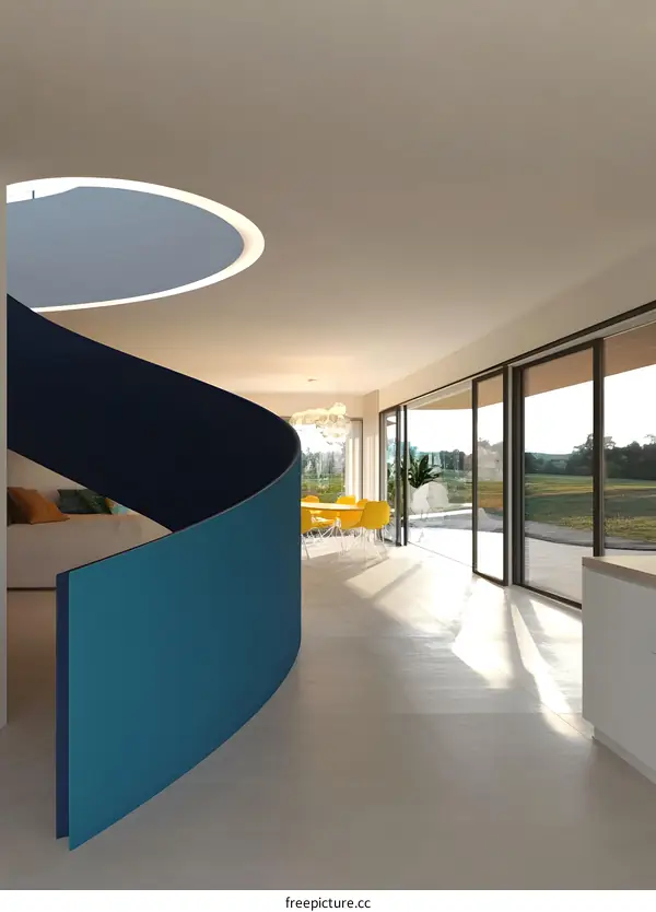 Modern Interior Design with Blue and Yellow Spiral Staircase