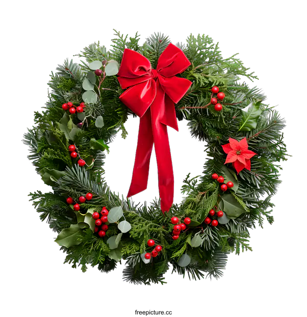 [Transparent Background PNG]Christmas Wreath with Red Bow and Berries