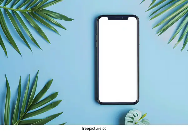 Flat Lay Smartphone with Palm Leaves on Blue Background