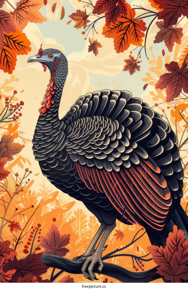 Thanksgiving Turkey Illustration with Fall Leaves