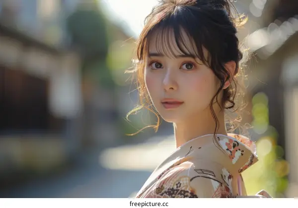 Asian Woman in Traditional Kimono in Natural Setting