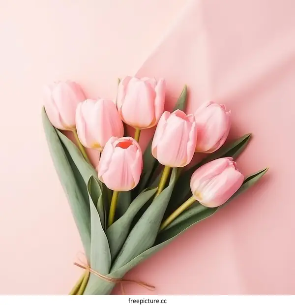 A bouquet of pink tulips on a pink background