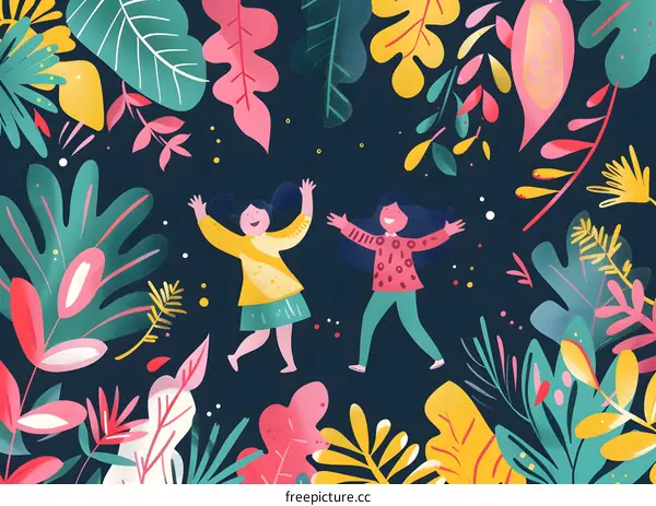 Two Happy Girls Dancing in a Floral Background