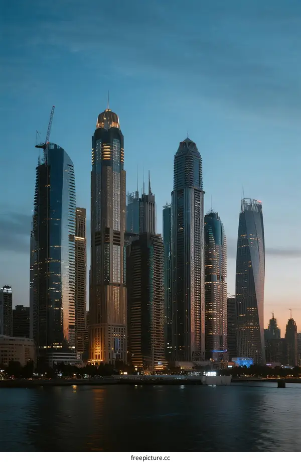 Modern Skyscrapers Along Riverbank at Dusk with Evening Lights
