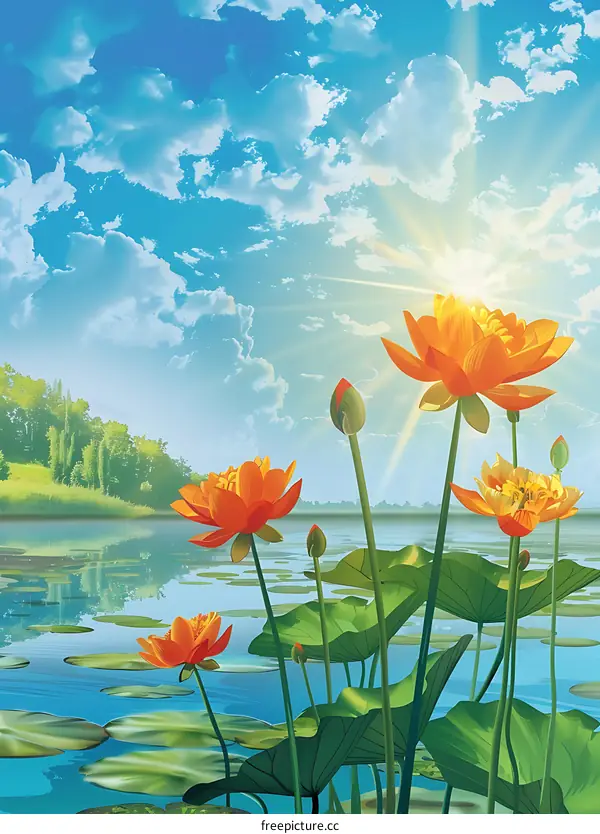 Water Lily Flowers Blooming in a Pond on a Sunny Day