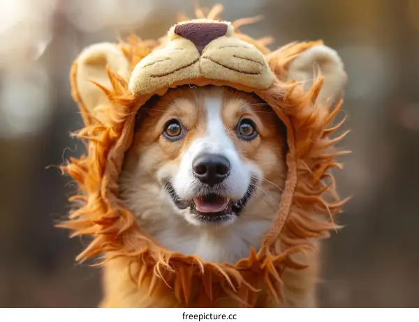 A cute corgi dog wearing a lion costume