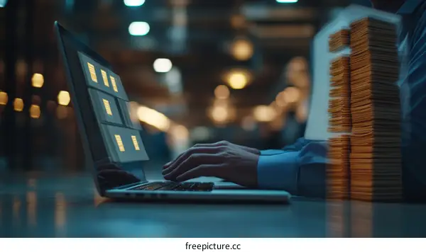 Businessman working on laptop with a huge stack of documents behind him