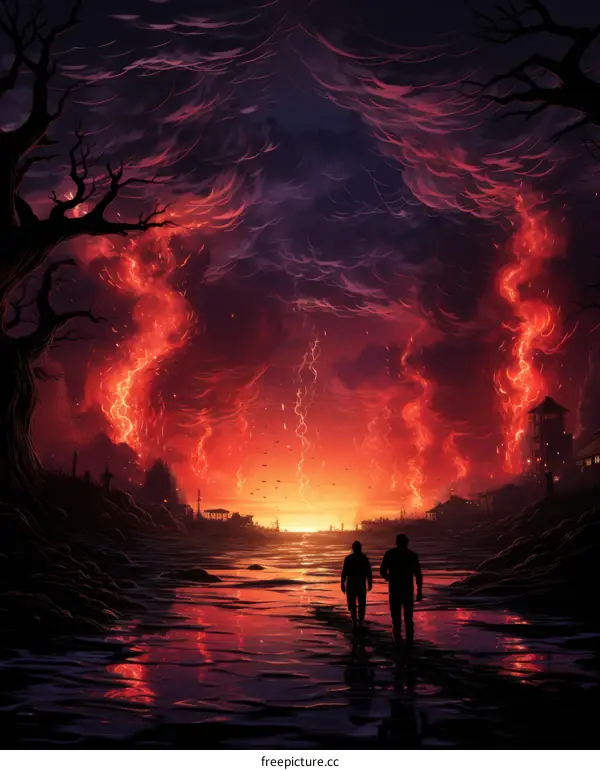 Two men walking through a post-apocalyptic landscape