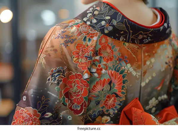 A woman wearing a kimono with a floral pattern