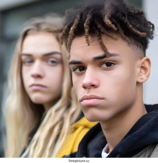 Portrait of a Young Man and Woman Looking Serious