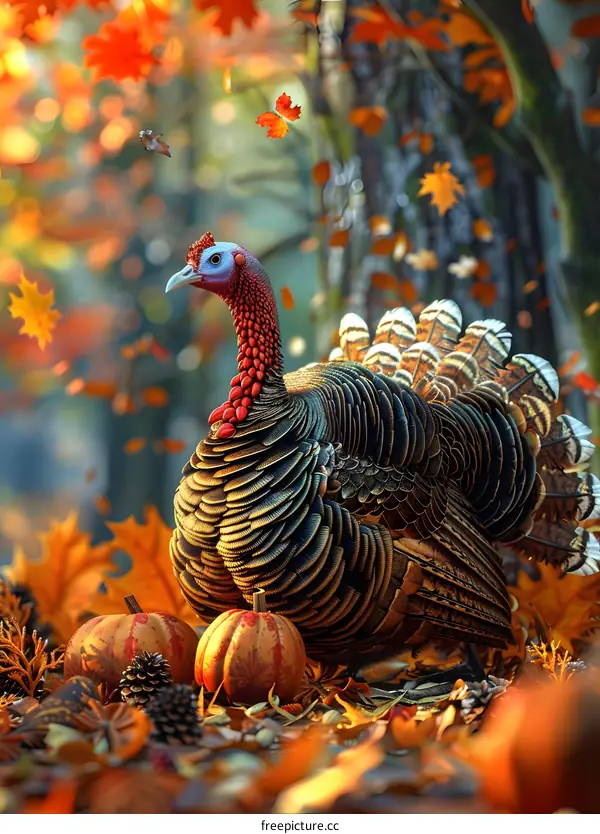 A majestic turkey stands in a field of fallen leaves.