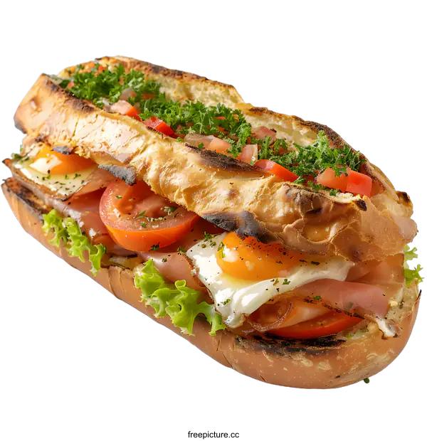 [Transparent Background PNG]Ham sandwich with fried egg, tomato and lettuce