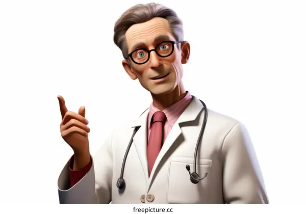 Cheerful male doctor in white coat pointing with finger