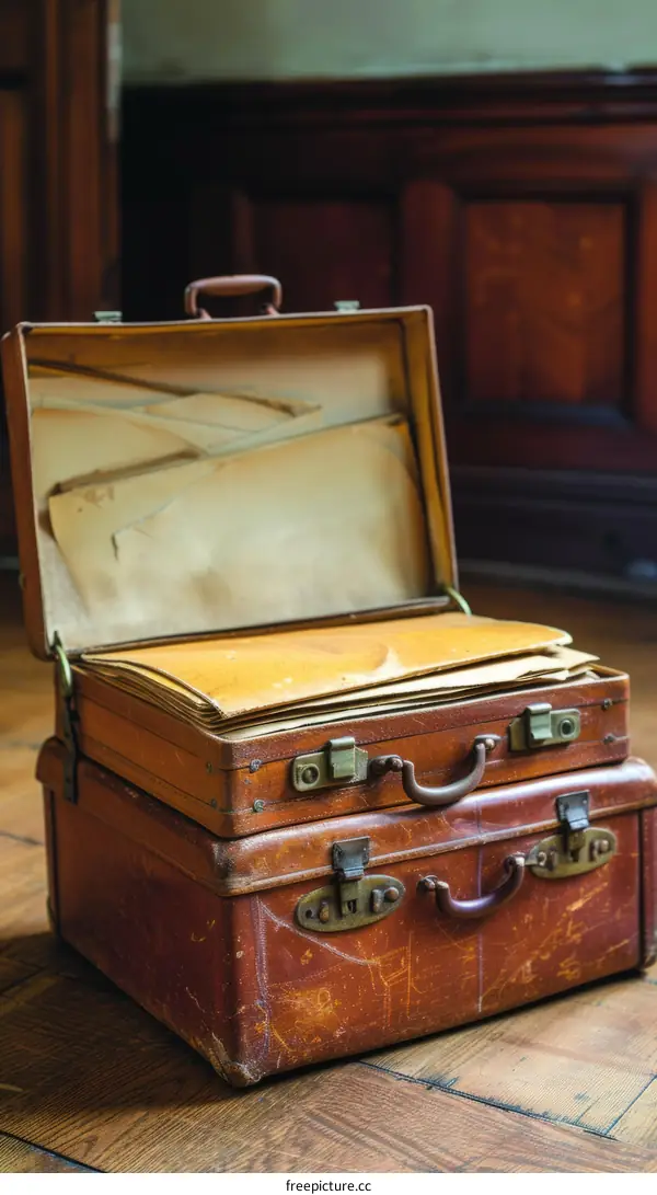 Two vintage brown suitcases stacked open with old documents