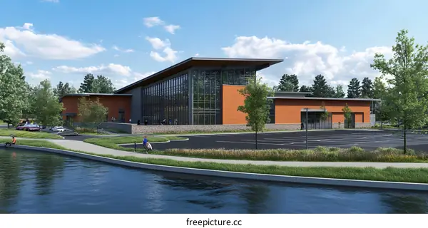 Modern Building Near Water with People