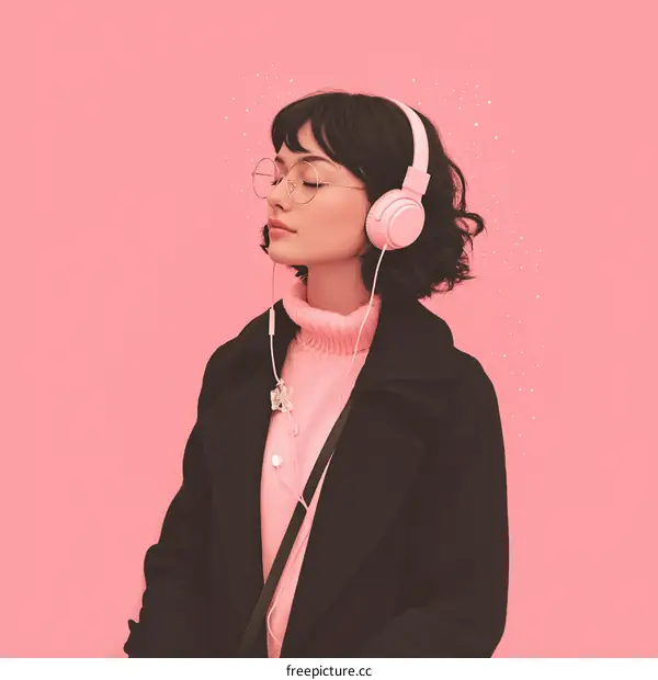 A Stylish Woman Enjoying Music in Pink