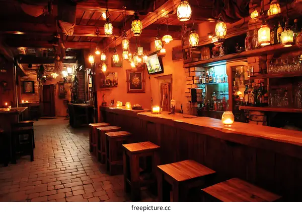 Rustic Bar Interior with Warm Lighting