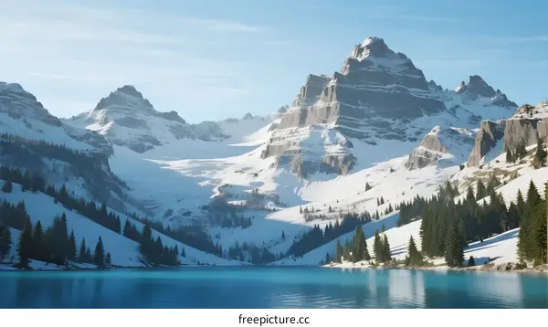 Snow-Covered Mountain Peaks with Clear Blue Lake in Foreground
