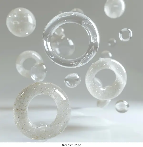 Floating Glass Bubbles and Rings: Minimalist 3D Illustration