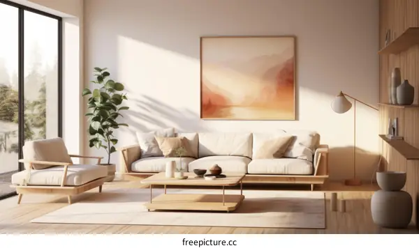 A serene living room with a large window, sofa, coffee table, armchair, and plants