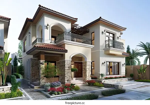 A magnificent two-story house with a beautiful yard