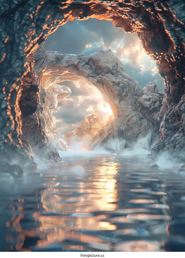 fantasy landscape with a large rock archway over a body of water