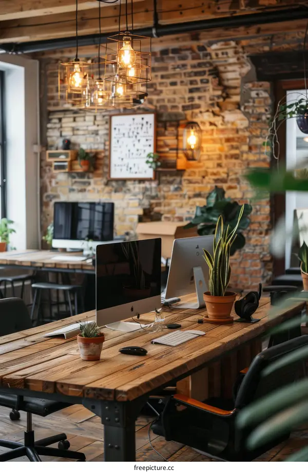 workspace with computers on a wooden table in a brick room