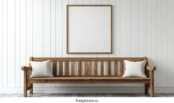 Blank Picture Frame on Wooden Bench in Modern Farmhouse Decor