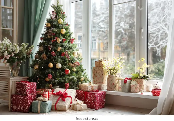 Christmas Decor by the Window with Gifts and Tree
