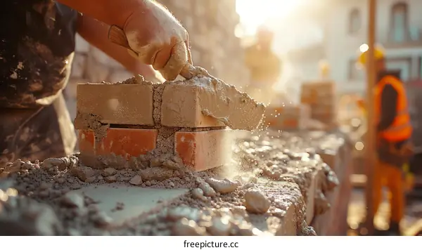 Construction worker laying bricks on a building site