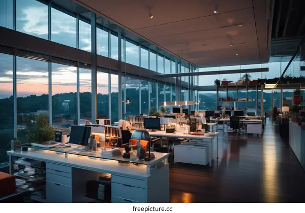 Modern Office Interior with City View and Large Windows