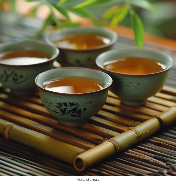 Four ceramic cups of tea on a bamboo mat with green bamboo leaves in the background