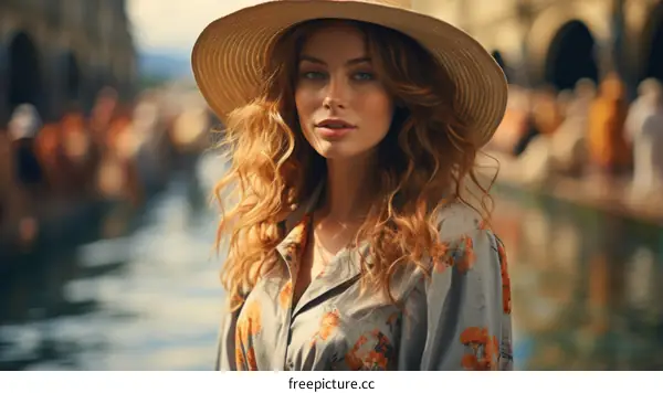 Portrait of a beautiful young woman wearing a straw hat and a floral dress standing in a city square