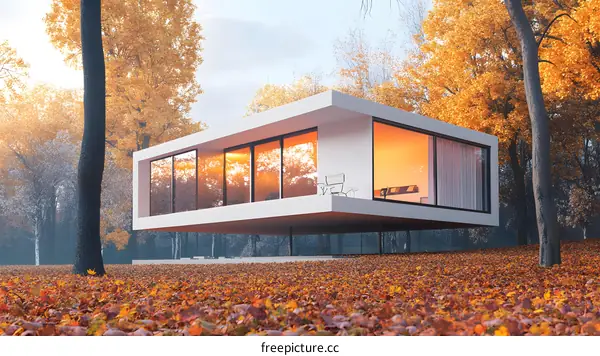 Modern House in the Autumn Forest