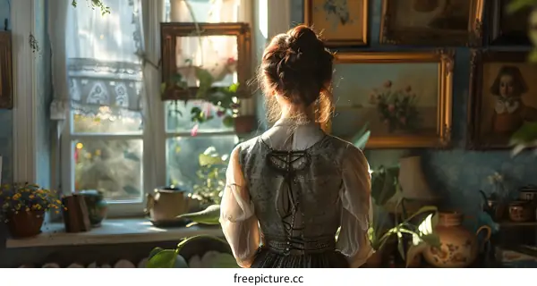 A woman standing in front of a window