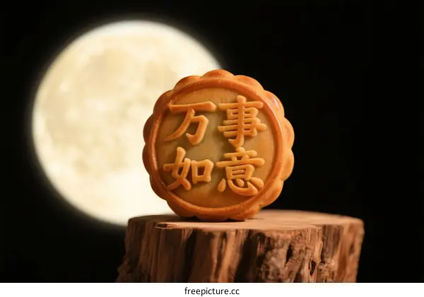Mooncake with 'Everything Goes Well' inscription under full moon