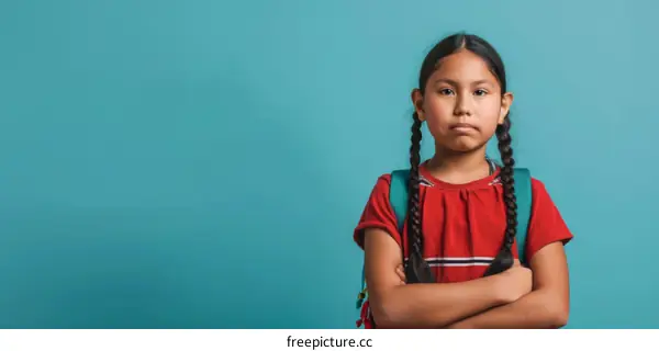 Portrait of a young serious school girl with backpack