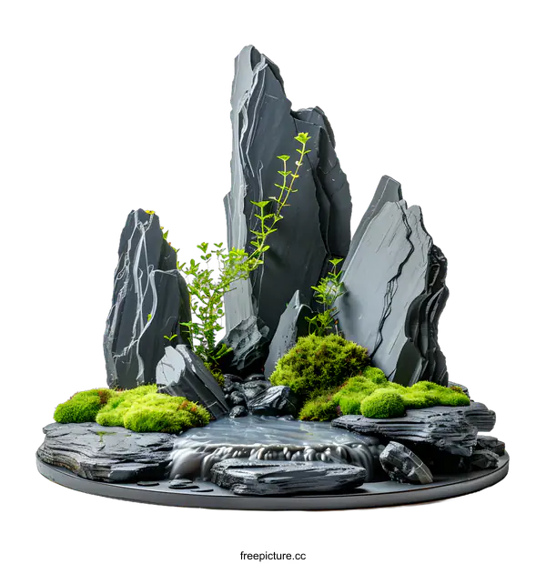 [Transparent Background PNG]Miniature Rock Garden With Green Moss and Water Feature
