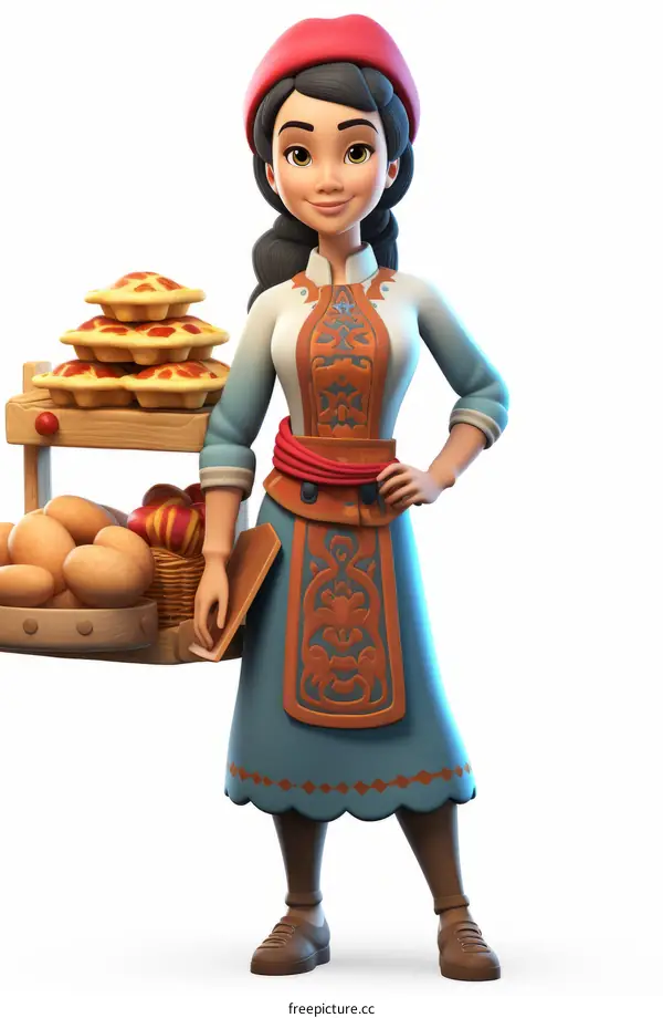 Baker woman with a basket of bread and pies