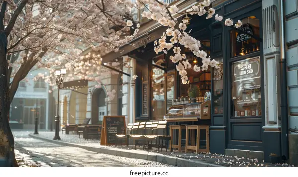 European-style street view with a coffee shop and cherry blossoms