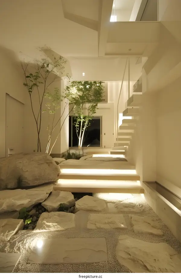 Modern Minimalist Japanese Home Interior Design with Stone Garden