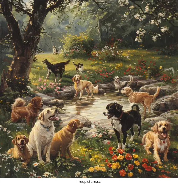 A group of dogs playing in a forest with flowers