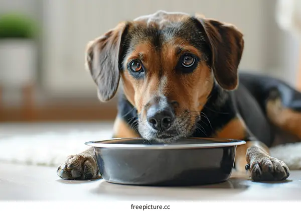 A cute brown and black dog is lying on the floor in front of a black bowl.