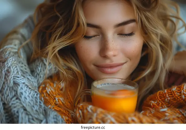 Young beautiful woman drinking tea and enjoying the aroma