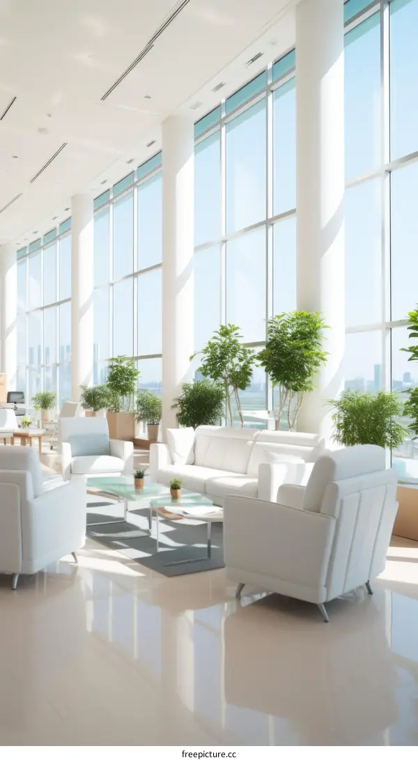 Office lobby interior design with white leather sofas and green plants