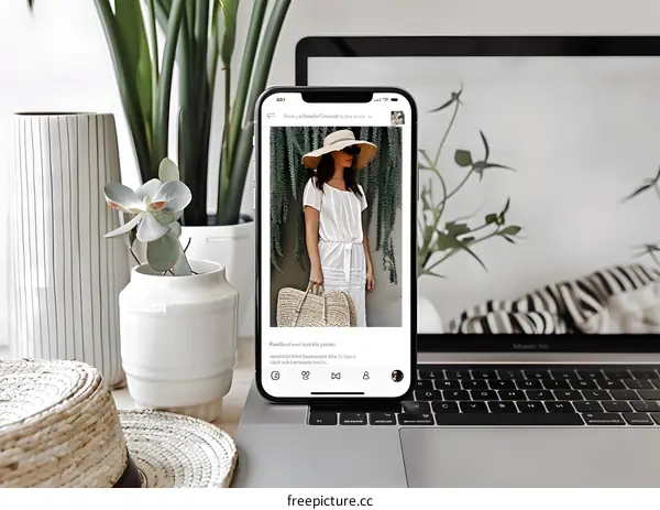 Woman in White Dress with a Bag and Hat on a Phone Screen
