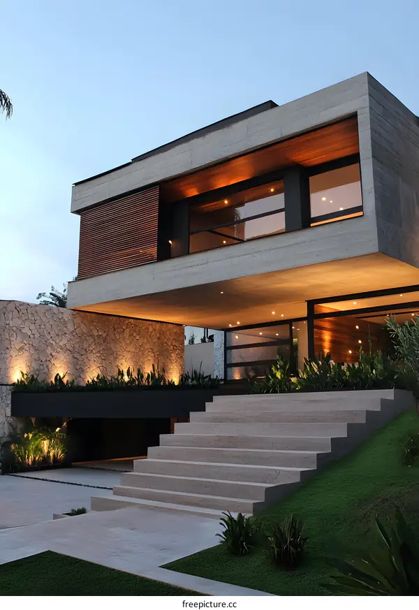 Modern House with Stone Facade and Stairs