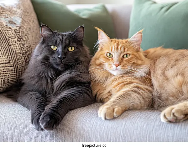 Two Fluffy Cats Relaxing on a Sofa